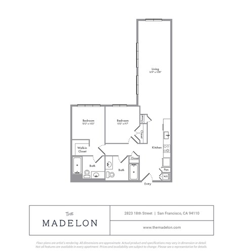 Floor plan for 2 beds, 2 baths, 963 sqft