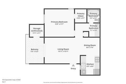Floor plan for 1 bed, 1 bath, 655 sqft