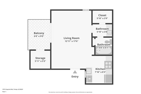 Floor plan for studio, 1 bath, 471 sqft