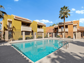 Tempe apartment for rent - A swimming pool in front of a building with a palm tree.