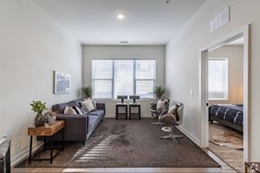 Brentwood apartment for rent - A living room with a grey couch, a wooden coffee table, and a rug.