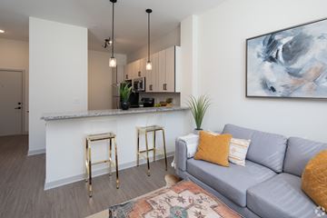Hermitage apartment for rent - A living room with a grey couch and a bar area.