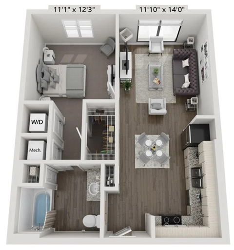 Floor plan for 1 bed, 1 bath, 682 sqft