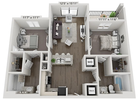 Floor plan for 2 beds, 2 baths, 1000 sqft