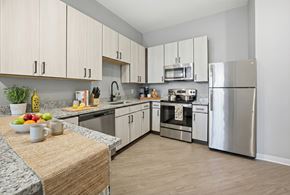 Nashville apartment for rent - A kitchen with a refrigerator, oven, and sink.