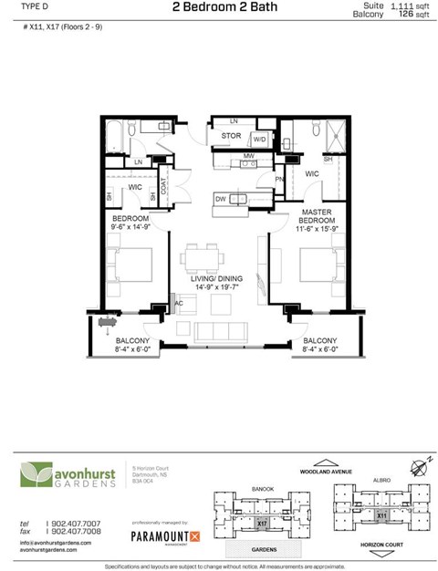 Floor plan for 2 beds, 2 baths, 1111 sqft