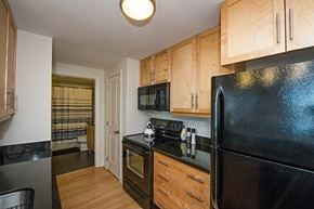 Halifax apartment for rent - A black refrigerator is in a kitchen with wooden cabinets.