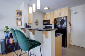 Halifax apartment for rent - A kitchen with a green chair and a black countertop.