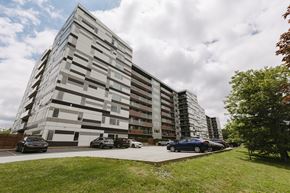 Dartmouth apartment for rent - A modern building with a grassy area in front and cars parked along the side.