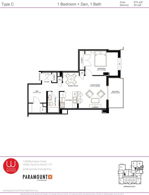 Floor plan for 1 bed, 1 bath, 775 sqft