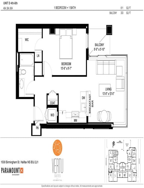 Floor plan for 1 bed, 1 bath