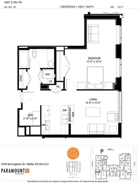 Floor plan for 1 bed, 1 bath, 634 sqft