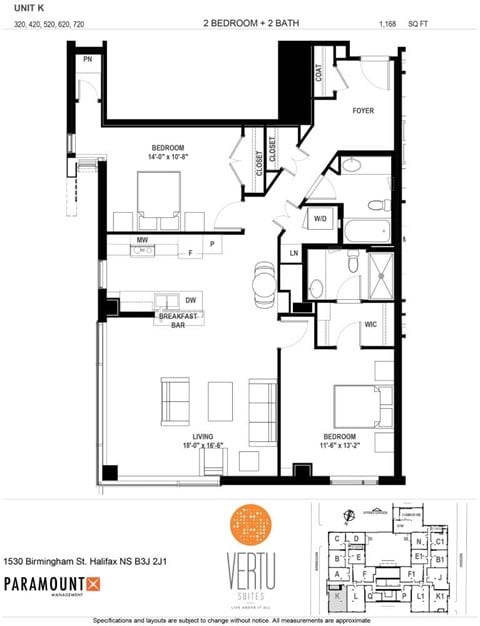 Floor plan for 2 beds, 2 baths, 1168 sqft