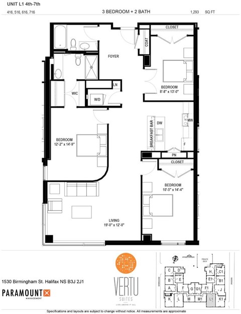 Floor plan for 3 beds, 2 baths, 1287 sqft
