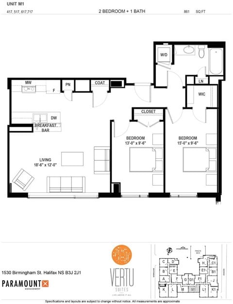 Floor plan for 2 beds, 1 bath, 859 sqft