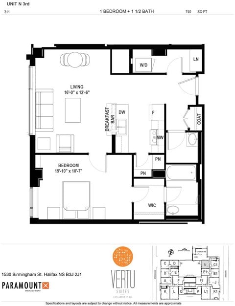 Floor plan for 1 bed, 1.5 baths