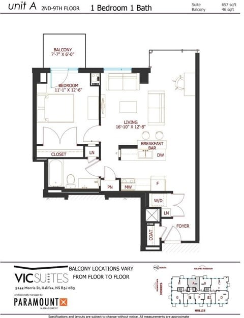 Floor plan for 1 bed, 1 bath, 599 sqft
