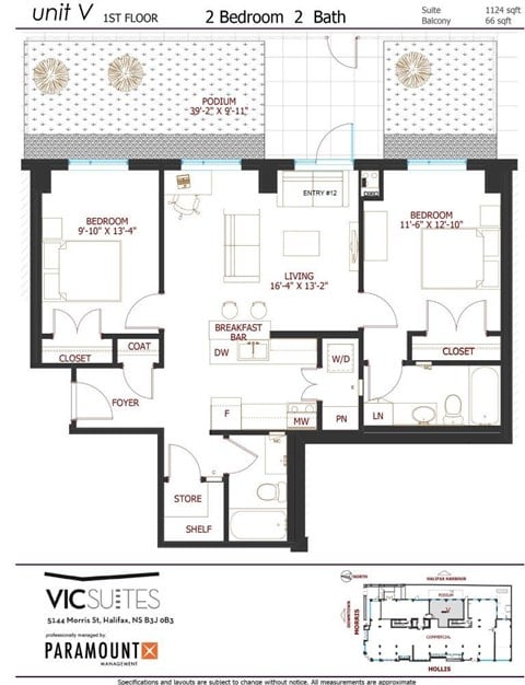 Floor plan for 2 beds, 2 baths, 1124 sqft