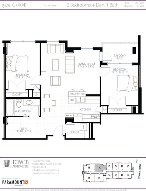 Floor plan for 2 beds, 1 bath, 880 sqft