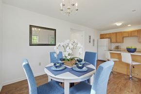York apartment for rent - A dining room with a white table and blue chairs.