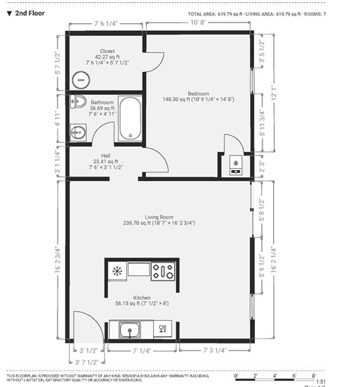 Floor plan for 1 bed, 1 bath, 645 sqft