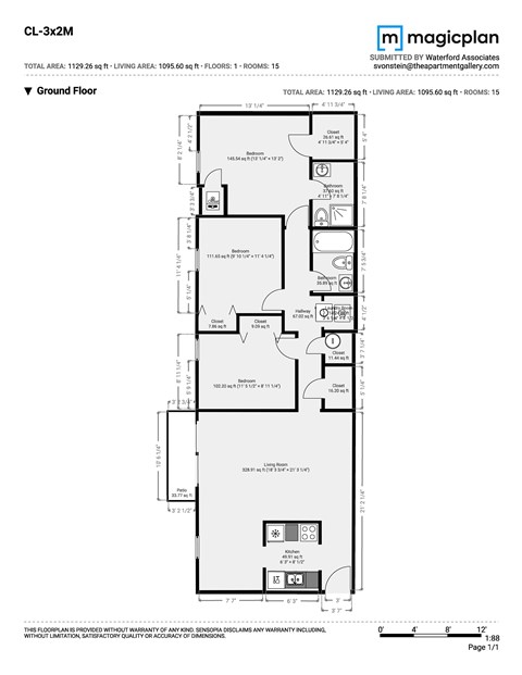 Floor plan for 3 beds, 2 baths, 1050 sqft