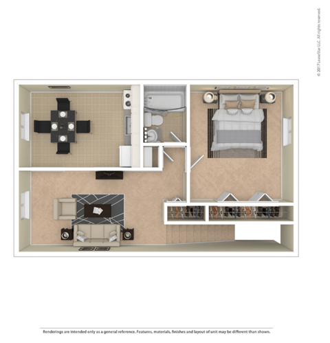 Floor plan for 1 bed, 1 bath, 705 sqft