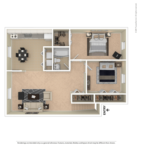 Floor plan for 2 beds, 1 bath, 870 sqft
