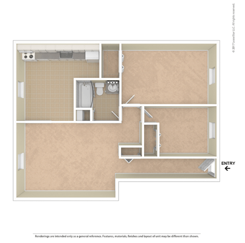 Floor plan for 2 beds, 1 bath, 790 sqft
