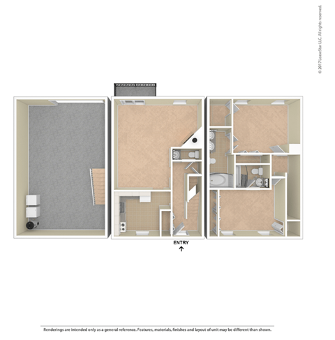 Floor plan for 2 beds, 2.5 baths, 1226 sqft