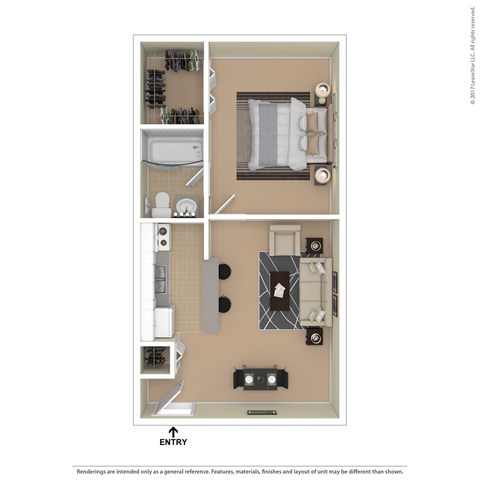 Floor plan for 1 bed, 1 bath, 525 sqft