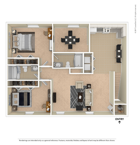 Floor plan for 2 beds, 2 baths, 1091 sqft