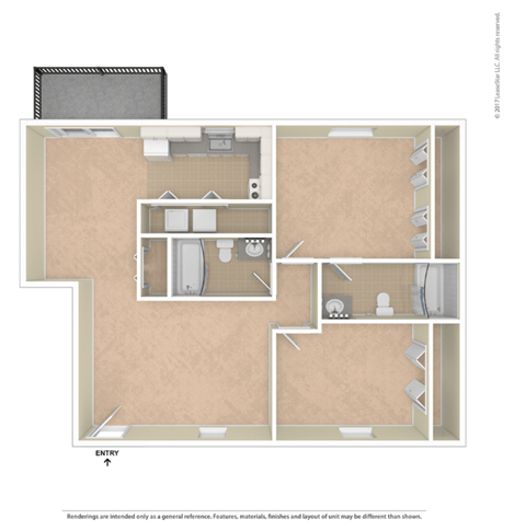 Floor plan for 2 beds, 2 baths, 905 sqft
