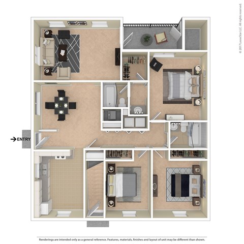 Floor plan for 3 beds, 2 baths, 1287 sqft
