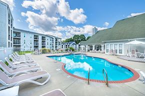 Virginia Beach apartment for rent - A pool surrounded by lounge chairs and apartment buildings.