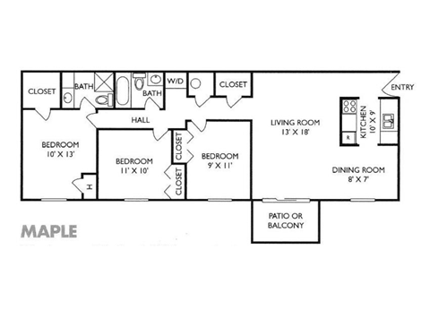 Floor plan for 3 beds, 2 baths, 1050 sqft