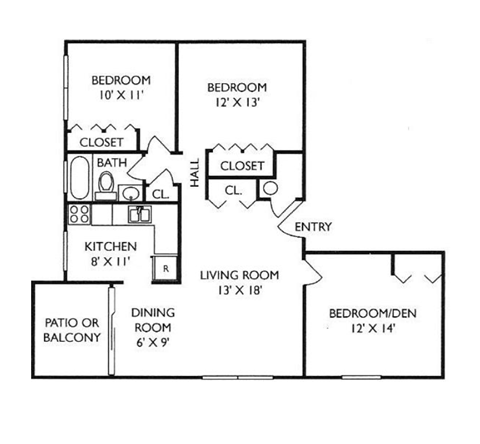 Floor plan for 3 beds, 1 bath, 1073 sqft