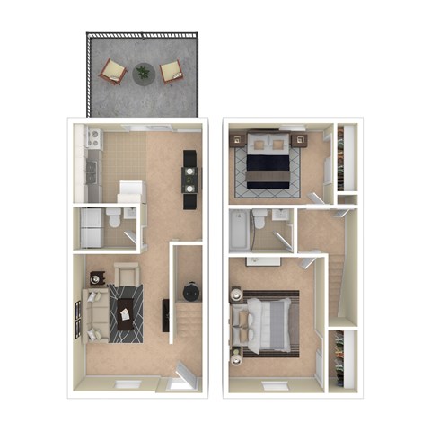 Floor plan for 2 beds, 1.5 baths, 822 sqft
