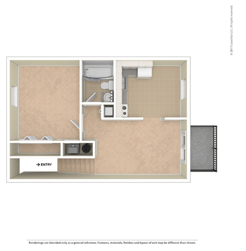 Floor plan for 1 bed, 1 bath, 689 sqft