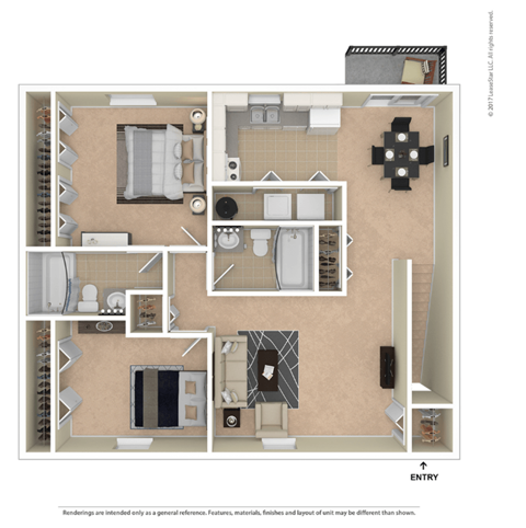 Floor plan for 2 beds, 2 baths, 974 sqft