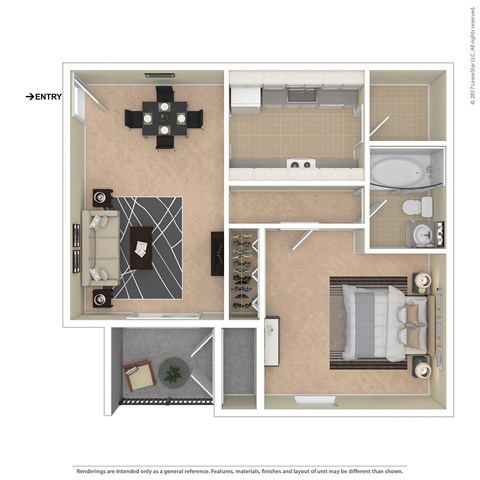 Floor plan for 1 bed, 1 bath, 580 sqft