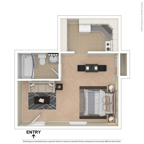 Floor plan for studio, 1 bath, 380 sqft