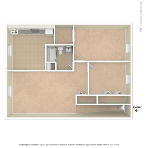 Floor plan for 2 beds, 1 bath, 870 sqft