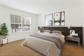 Harrisburg apartment for rent - A bedroom with a large bed and a plant on the side table.
