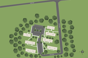 Chester apartment for rent - A map shows a layout of a property with a central building and surrounding trees.
