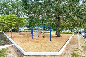 Fredericksburg apartment for rent - A playground with a blue swing set surrounded by trees.
