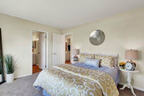 Fredericksburg apartment for rent - A bedroom with a large bed and a mirror on the wall.