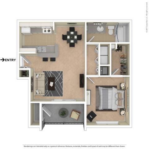 Floor plan for 1 bed, 1 bath, 692 sqft