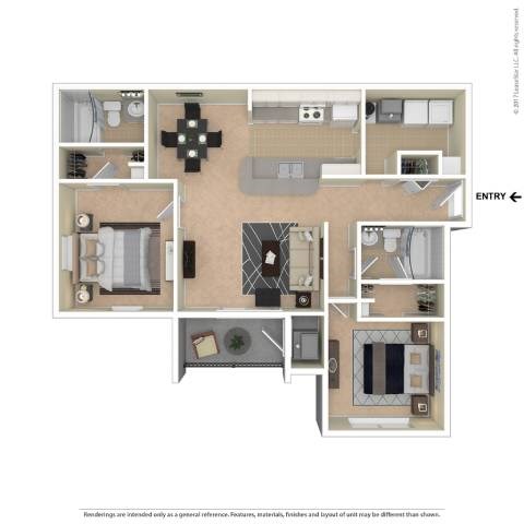 Floor plan for 2 beds, 2 baths, 1026 sqft