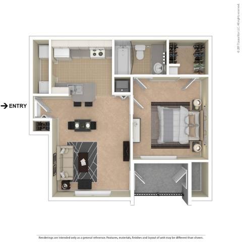 Floor plan for 1 bed, 1 bath, 585 sqft